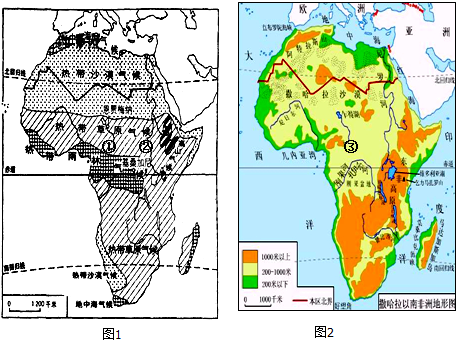 读非洲气候图(图1)和撒哈拉以南的非洲地形图(图2),完成下列问题